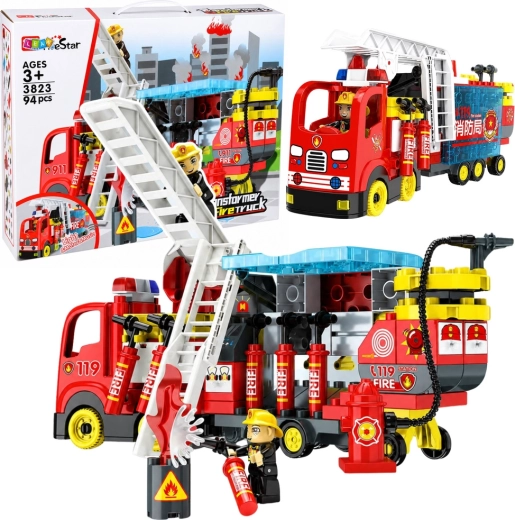 LEAVStar camion de pompieri extensibil din set de construcție cu lumini și sunete (94 de piese)