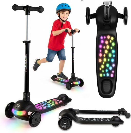 Trotinetă de echilibru pentru copii cu trei roți cu iluminare LED Ricokids Glowi – neagră