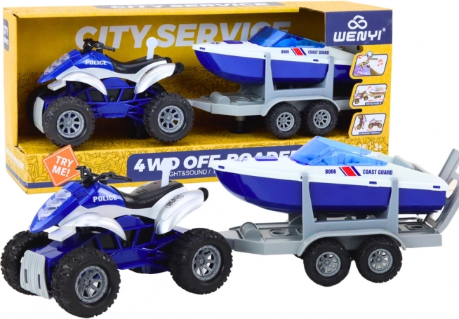 ATV de poliție cu remorcă și barcă cu motor