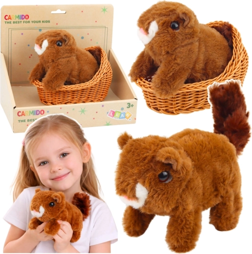 Veveriță interactivă de pluș în coș – merge și scoate sunete, maro