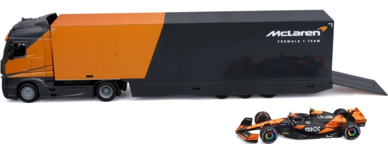 Transportor de curse Bburago – cap tractor cu semiremorcă și Formula 1 McLaren MCL38 2024 Lando Norris 1:43