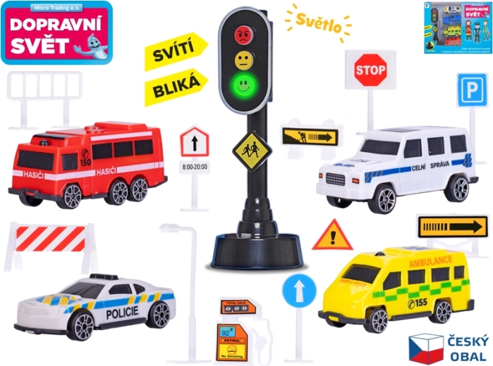 Set de mașinuțe cu indicatoare rutiere și semafor cu lumină, 4 buc.