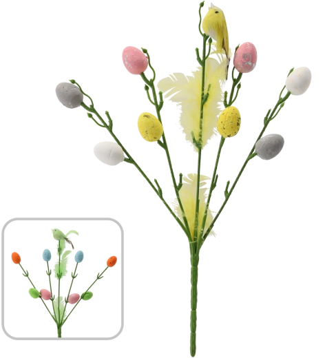 Ramură de Paște cu păsărel și oușoare pe bețișor 30 cm