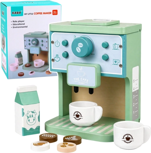 Cafetieră din lemn cu cești și accesorii pentru copii