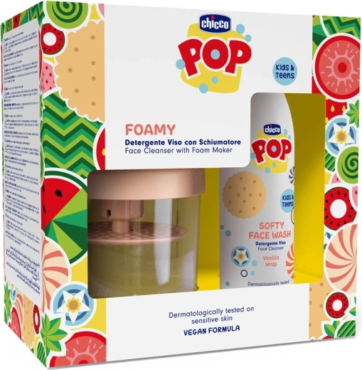 Chicco POP Softy gel de curățare delicat pentru față Vanilla Wrap 150 ml cu recipient pentru spumare