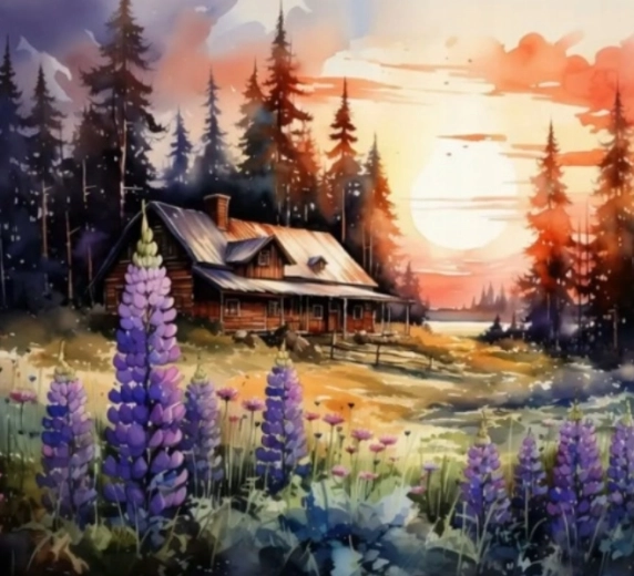 Pictură cu diamante Căsuță în pădure 30 × 40 cm