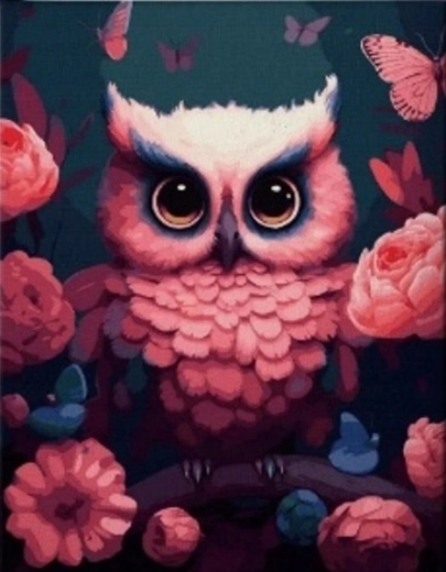 Pictură cu diamante Bufniță roz 30 × 40 cm