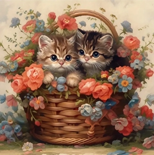 Pictură după numere Pisici într-un coș cu flori 40 × 50 cm