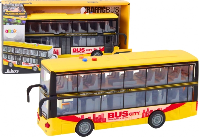 Autobuz etajat 1:16 cu lumini, sunete și mecanism cu volant – galben
