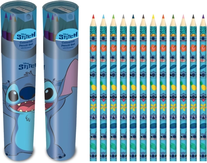Lilo & Stitch set de creioane colorate în tub cu ascuțitoare (12 culori)