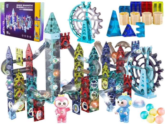 Set de construcție magnetic luminos – pistă cu bile, 230 de piese
