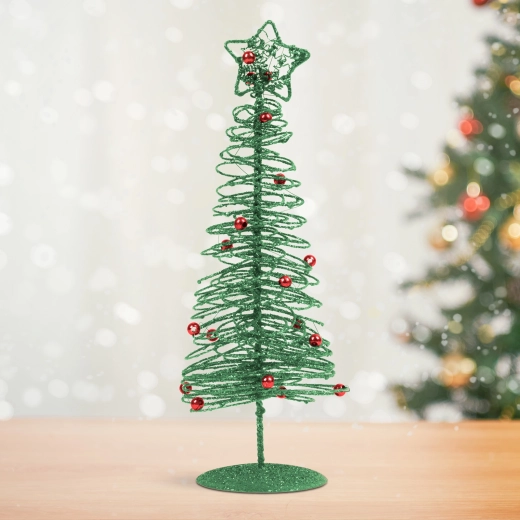 Brad metalic de Crăciun cu sclipici, verde, 28 cm