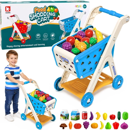 Cărucior de cumpărături pentru copii cu alimente și accesorii, albastru (26 piese) - 1 bucată