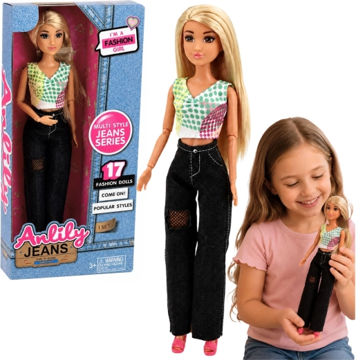 Păpușa la modă Anlily în blugi negri cu top colorat, 30 cm