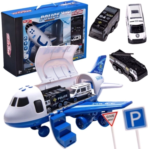 Avion de transport al poliției WOOPIE cu mașinuțe și indicatoare rutiere