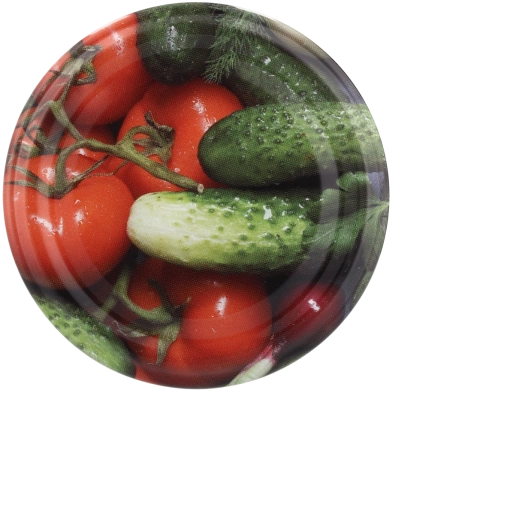 Set de capace metalice pentru conservare 66 mm cu motiv castravete și roșie, 10 buc