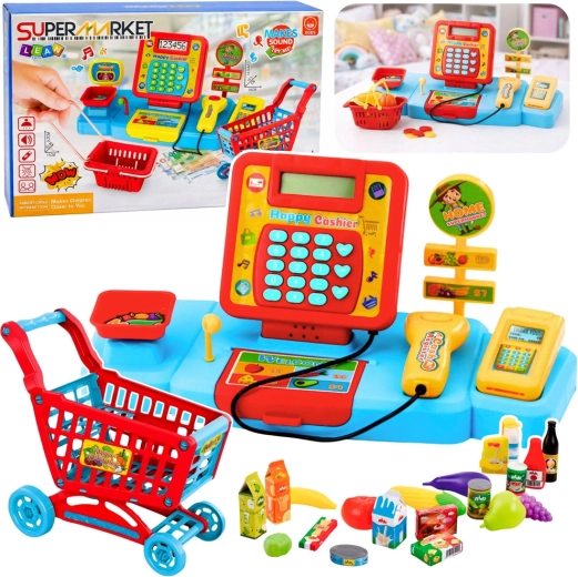 Casă de marcat interactivă pentru copii, supermarket cu cărucior, scanner și cântar