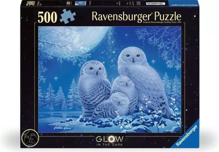 Puzzle fosforescent Ravensburger Bufnițe la răsăritul lunii – 500 de piese