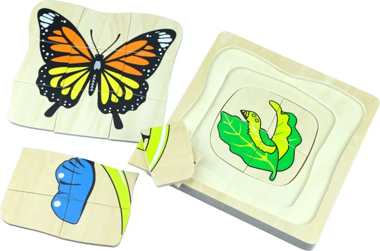 Ciclul de viață al fluturelui – puzzle Montessori din lemn, multistrat