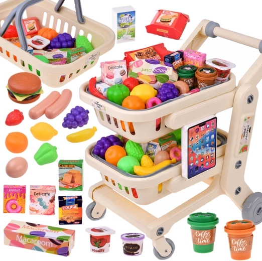Cărucior de cumpărături pentru copii 2în1 cu alimente și tabletă interactivă