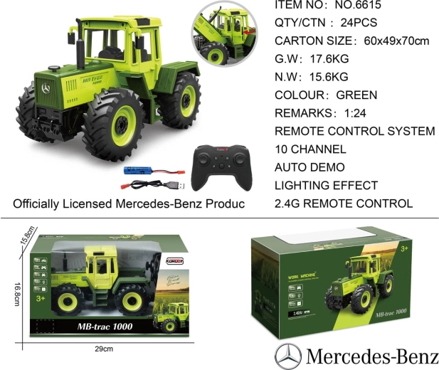 Tractor verde Mercedes-Benz cu telecomandă 1:24