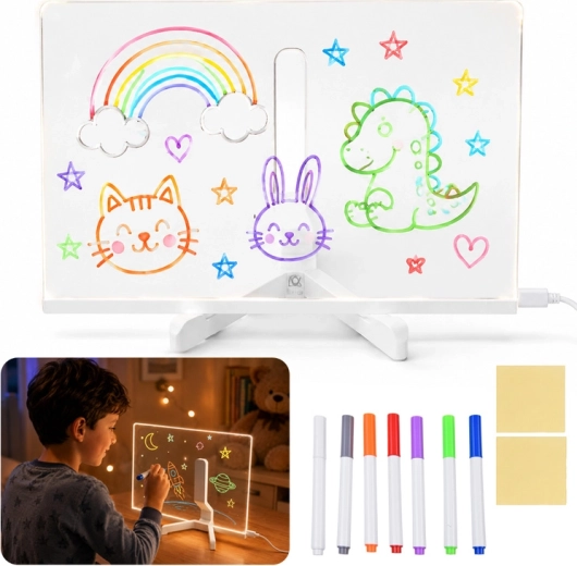 Tablă acrilică LED iluminată pentru desen și scris, cu 7 markere și suport