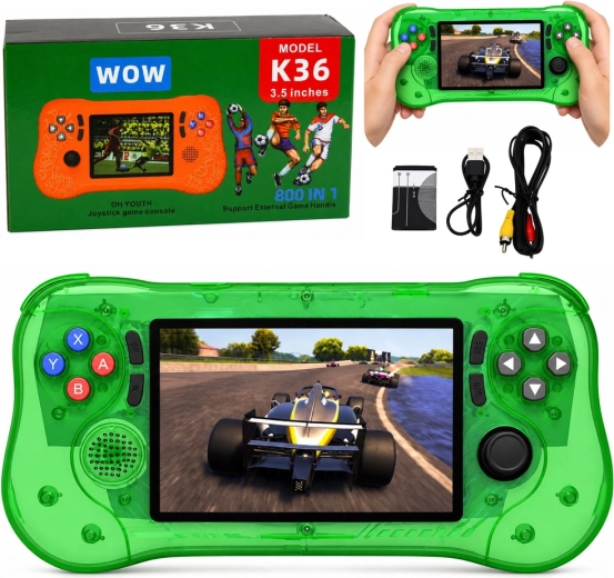 Consolă portabilă retro de jocuri K36 cu 800 de jocuri integrate, verde transparent