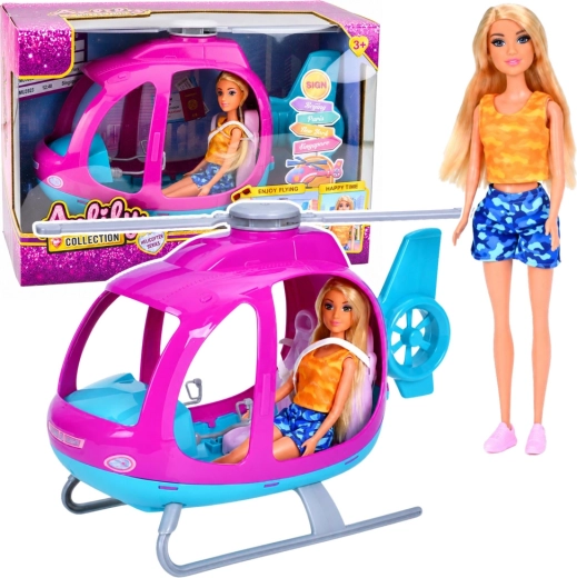 Păpușa Anlily cu elicopter roz cu elice mobile