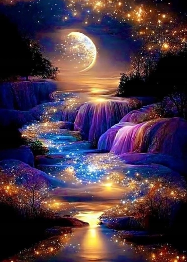 Pictură cu diamante Luna – peisaj auriu 30 × 40 cm