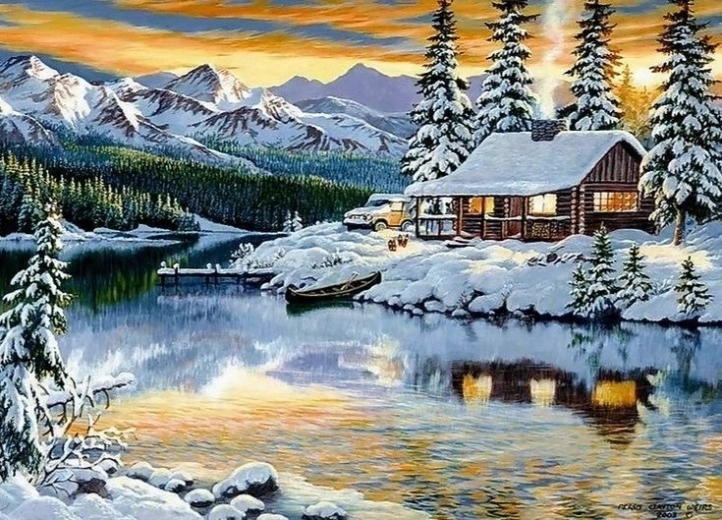 Norimpex Pictură pe numere Cabana înzăpezită lângă lac 40 × 50 cm