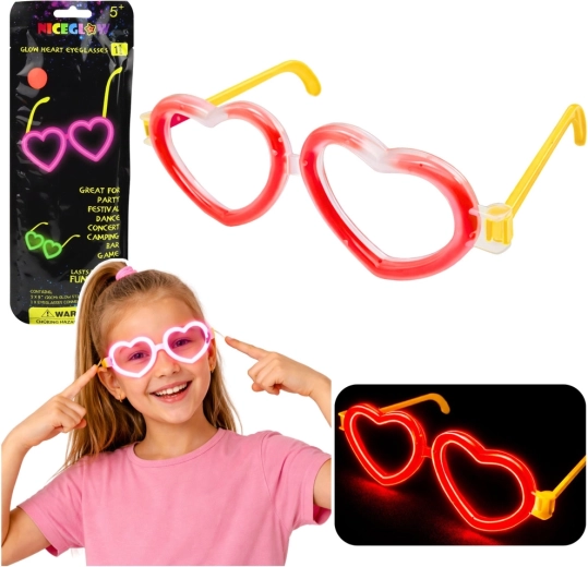 Ochelari fluorescenți în formă de inimă care luminează în întuneric – roșu neon