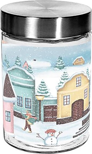 Borcan din sticlă pentru prăjituri TORO 1100 ml cu motiv de sătuc