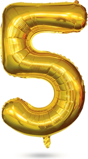 Balon aniversar din folie, cifra 5, auriu, 40 de inci