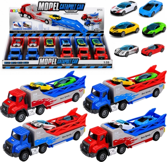 Camion cu rampă – autotransportor cu lansator și 2 mașinuțe 1:55