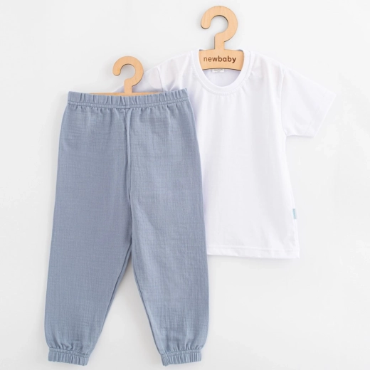 Set din bumbac pentru copii: tricou și pantaloni muselină albastru-gri 104 (3–4 ani)