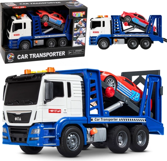 Transportor auto de jucărie (platformă/tractare) cu mașină sport, lumini și sunete, albastru-alb - 1 bucată