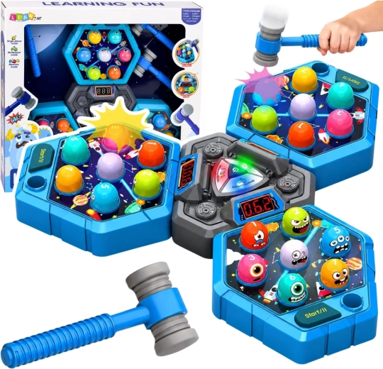 Joc electronic de îndemânare Whack-a-mole pentru 1–3 jucători, cu efecte luminoase și ciocănele