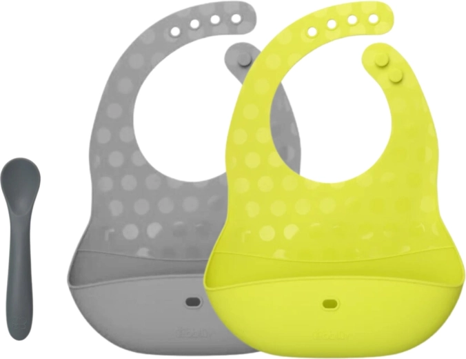 Set Bblüv Pöket de bavete și linguriță din silicon lime/grey