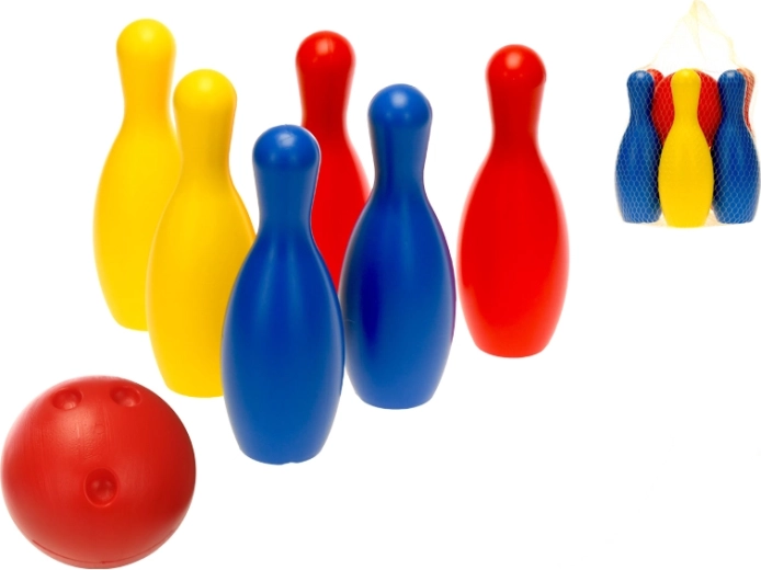 Popice din plastic pentru copii 19 cm, cu 6 popice și mingiuță în plasă
