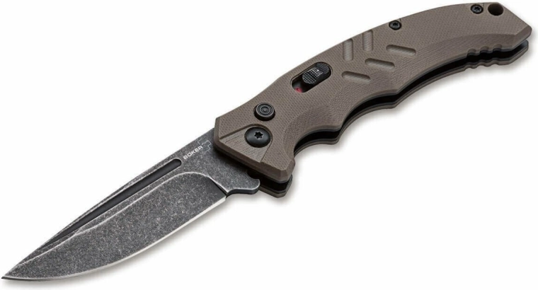 Cuțit tactic automat Böker Plus Intention II Coyote, D2, stonewash, G10