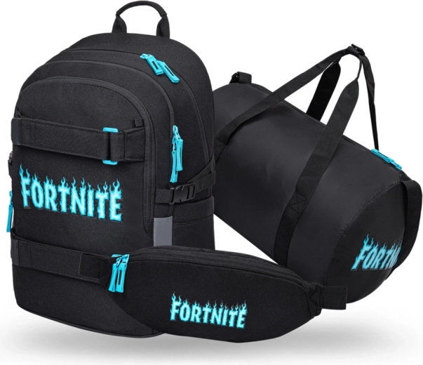 Set Baagl Fortnite blue – rucsac școlar Skate, geantă sport Hoop și borsetă Snap