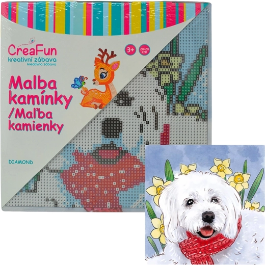 Pictură cu diamante – câine alb 20 × 20 cm