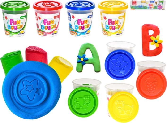 Plastilină creativă în borcănașe 4×140 g cu șabloane în capac