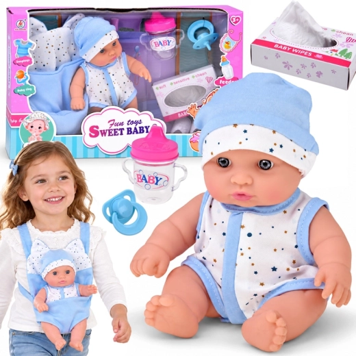 Păpușă bebeluș 20 cm în port-bebe cu suzetă, biberon și accesorii