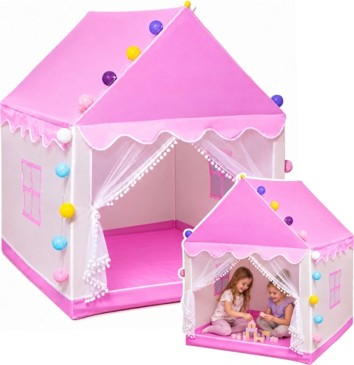 Cort pentru copii tip căsuță cu lumini LED decorative pentru cameră, roz