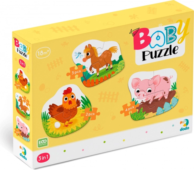 Puzzle pentru bebeluși Animale de la fermă 3‑în‑1 (2, 3, 4 piese) DODO