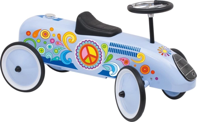 trotinetă fără pedale albastră de curse în stilul anilor ’60
