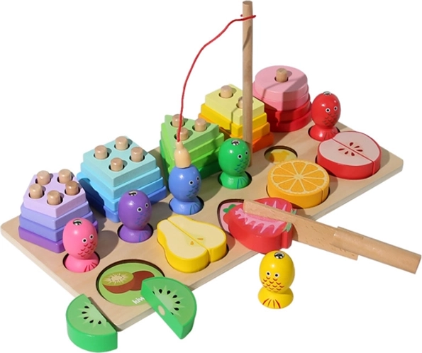 Puzzle Montessori din lemn 3‑în‑1 – fructe, peștișori și tăiere