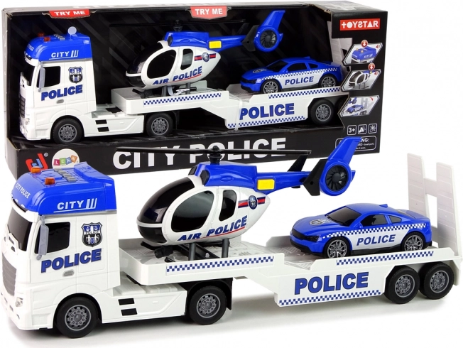 Set polițienesc remorcă, mașină și elicopter cu efecte sonore și de lumină