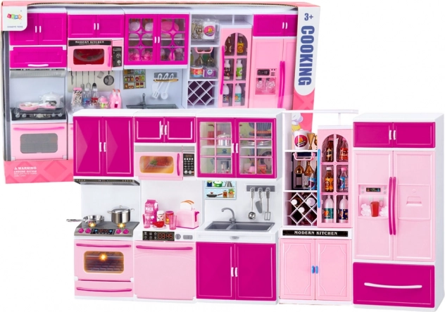 Mobilier de bucătărie pentru păpuși cu frigider și aragaz roz